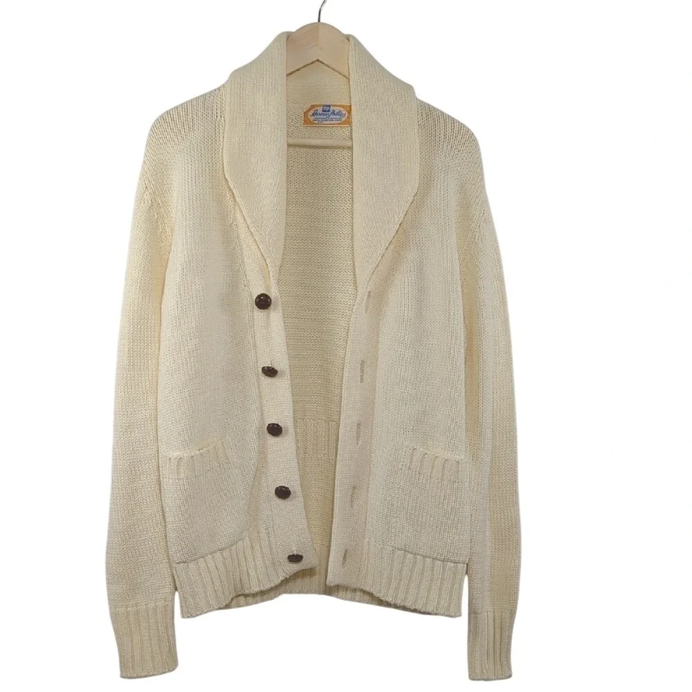 Vintage Herman Phillips Ivory Shawl Collar‎ Cardigan Sweater Preppy Heritage Med